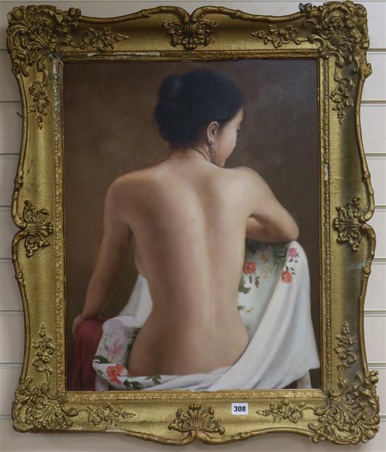 Chinese School, oil on canvas, half length nude of a woman, 62 x 48cm